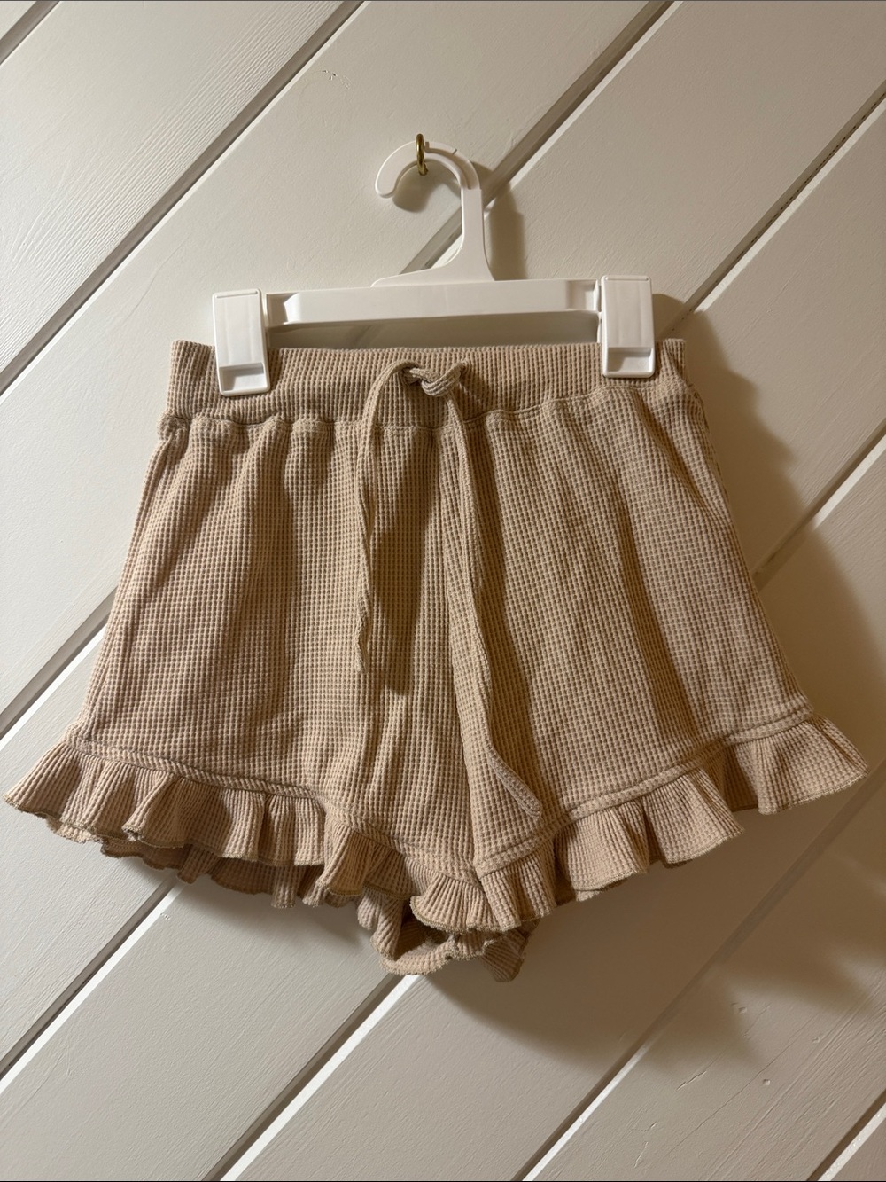 Princess Polly Beige Ruffle Hem Waffle-Knit High Waist Shorts